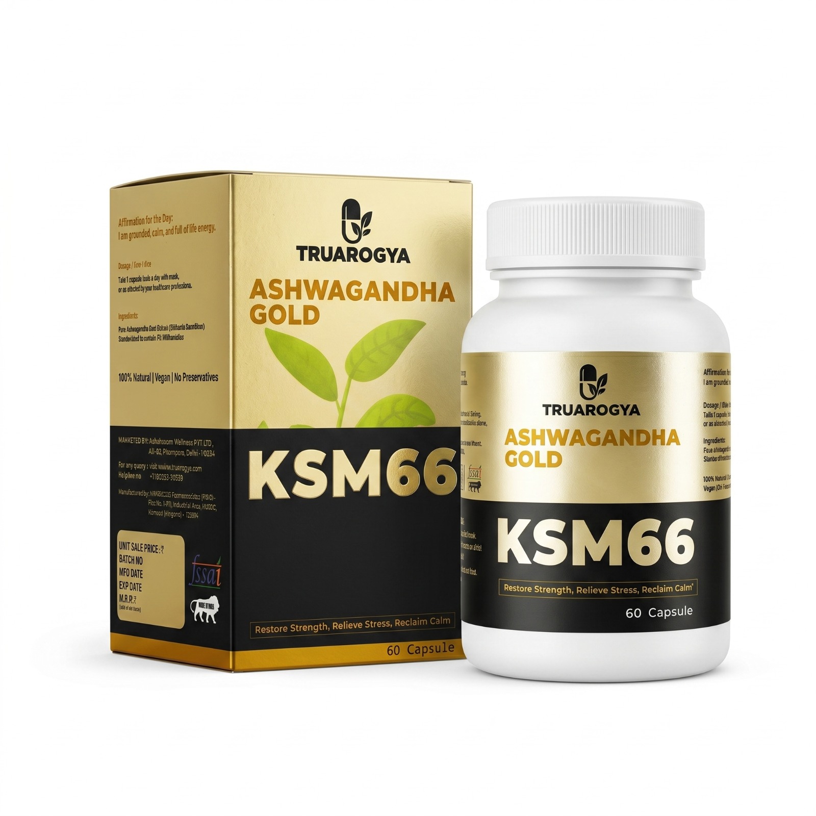 TruArogya KSM-66 Ashwagandha Capsules for Men & Women | Stress Relief, Energy, Strength, Stamina & Immunity Support | 5% Withanolides Ayurvedic Supplement | 60 Capsules