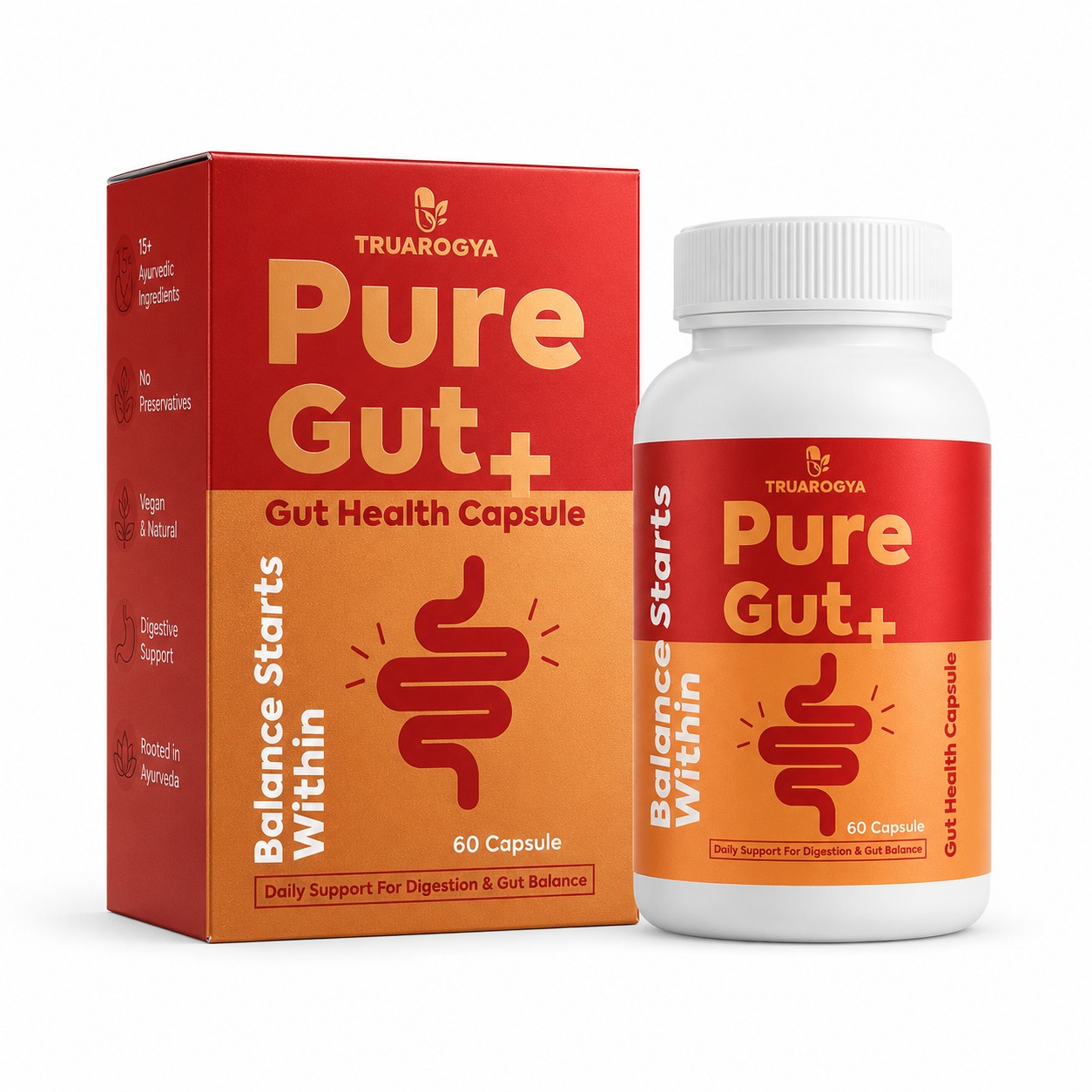 TruArogya Pure Gut+ Gut Health Capsules | Supports Digestion, Bloating Relief, Detox & Gut Cleanse | 100% Natural Ayurvedic Formula | 60 Capsules