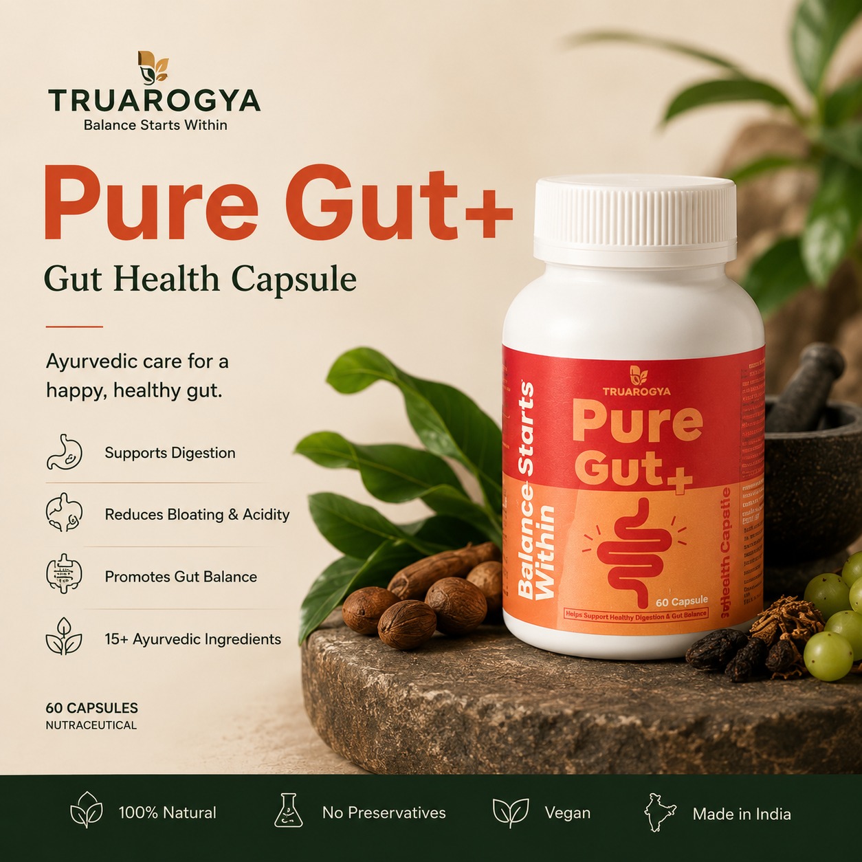 TruArogya Pure Gut+ Gut Health Capsules | Supports Digestion, Bloating Relief, Detox & Gut Cleanse | 100% Natural Ayurvedic Formula | 60 Capsules - Image 7